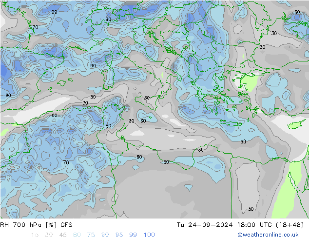 RH 700 hPa GFS wto. 24.09.2024 18 UTC