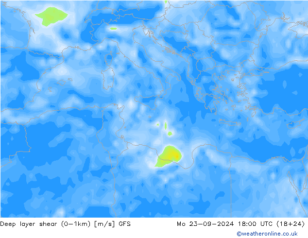 Deep layer shear (0-1km) GFS Pzt 23.09.2024 18 UTC