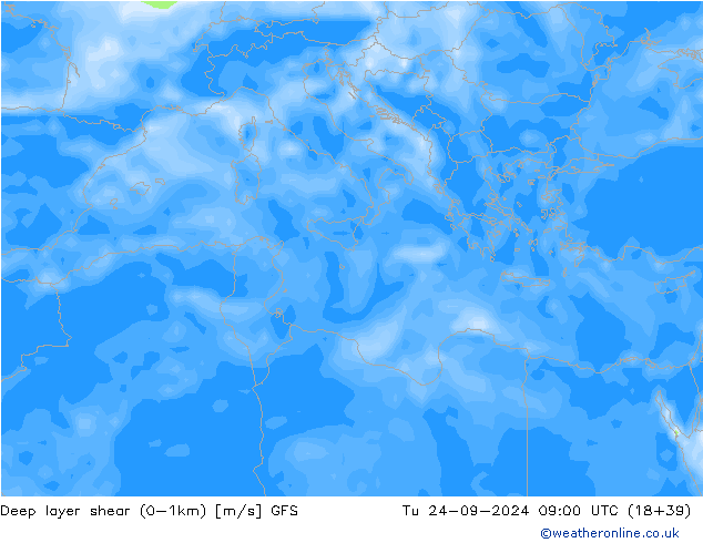 Deep layer shear (0-1km) GFS di 24.09.2024 09 UTC