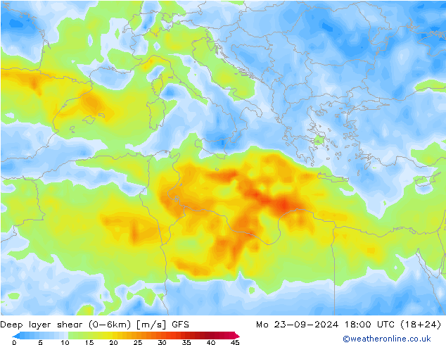 Deep layer shear (0-6km) GFS lun 23.09.2024 18 UTC