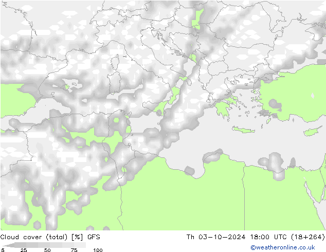 Cloud cover (total) GFS Th 03.10.2024 18 UTC