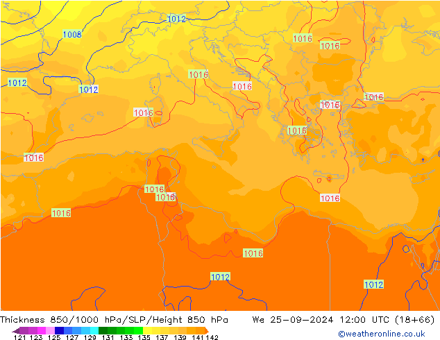 Thck 850-1000 hPa GFS mer 25.09.2024 12 UTC