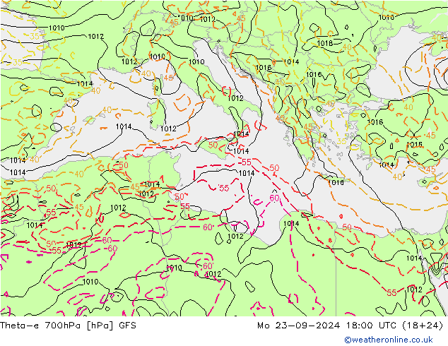 Theta-e 700hPa GFS Po 23.09.2024 18 UTC