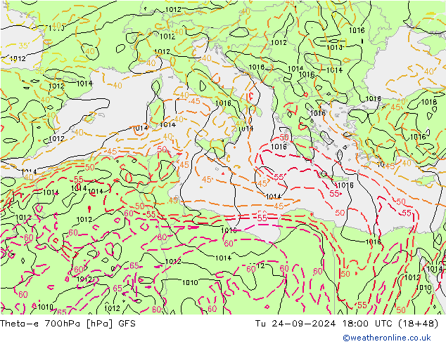 Theta-e 700hPa GFS wto. 24.09.2024 18 UTC