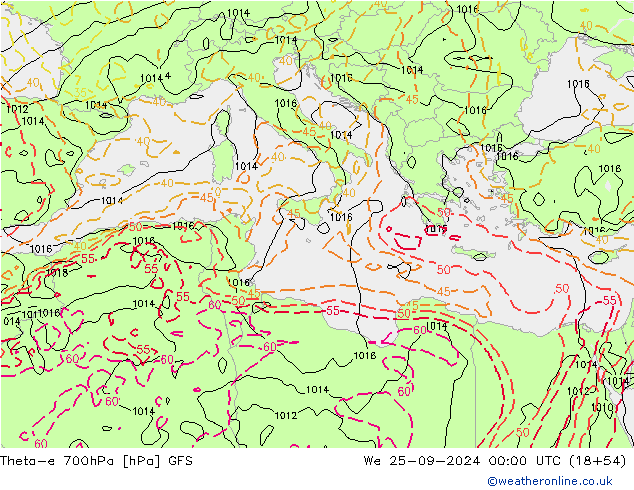 Theta-e 700hPa GFS Qua 25.09.2024 00 UTC