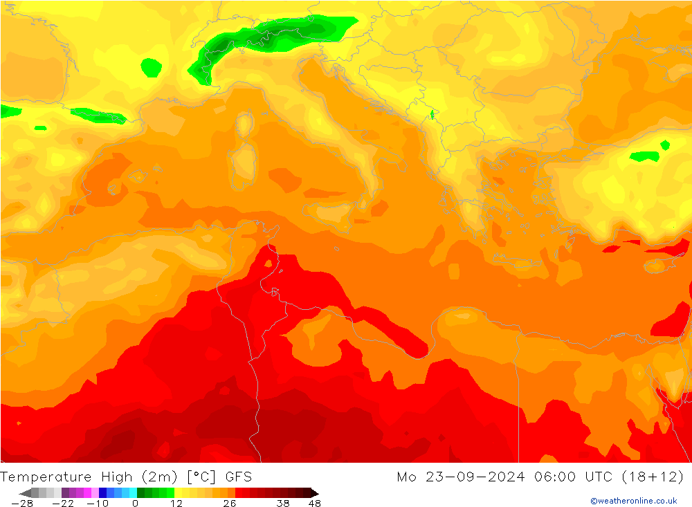 Temperature High (2m) GFS Mo 23.09.2024 06 UTC