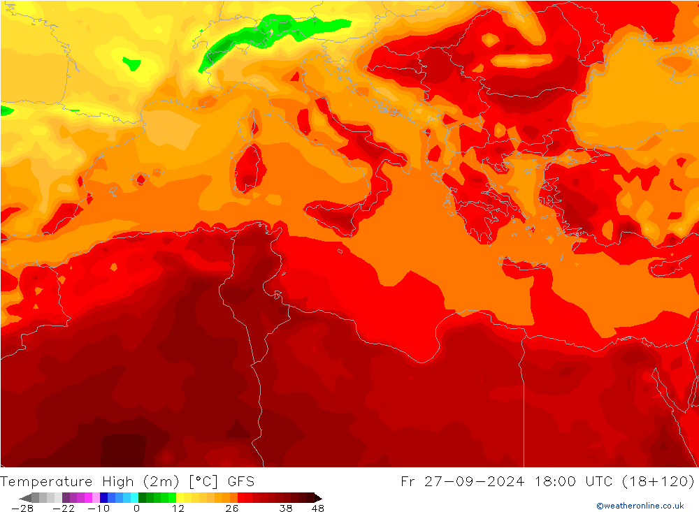 Max.temperatuur (2m) GFS vr 27.09.2024 18 UTC