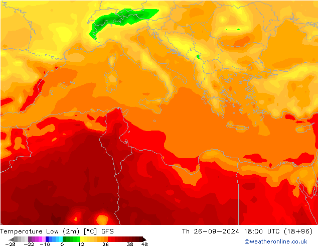 Nejnižší teplota (2m) GFS Čt 26.09.2024 18 UTC