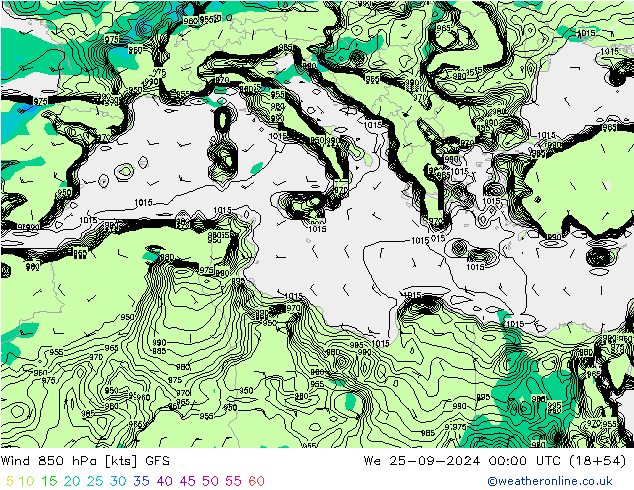 Wind 850 hPa GFS We 25.09.2024 00 UTC