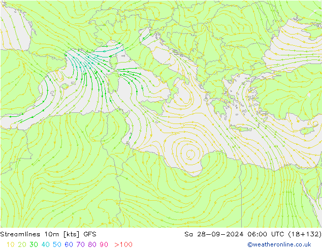 Linea di flusso 10m GFS sab 28.09.2024 06 UTC