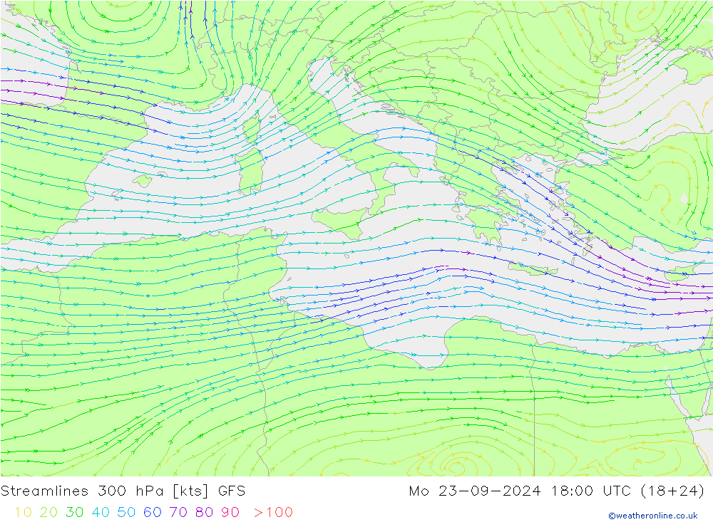 Rüzgar 300 hPa GFS Pzt 23.09.2024 18 UTC