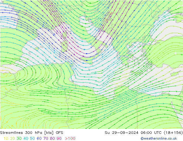 Stroomlijn 300 hPa GFS zo 29.09.2024 06 UTC