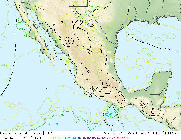 Izotacha (mph) GFS pon. 23.09.2024 00 UTC