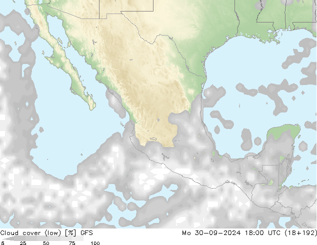 Cloud cover (low) GFS Mo 30.09.2024 18 UTC