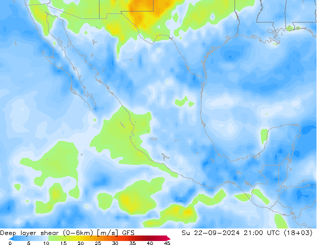 Deep layer shear (0-6km) GFS Su 22.09.2024 21 UTC