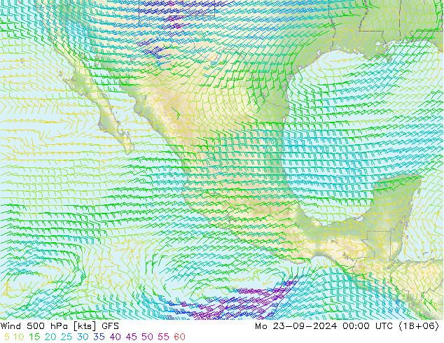 Vento 500 hPa GFS lun 23.09.2024 00 UTC