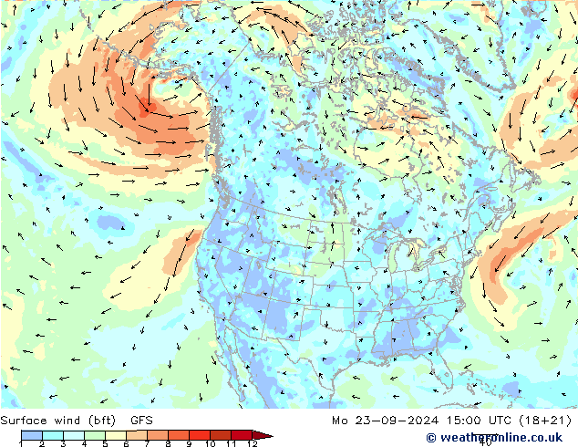 Rüzgar 10 m (bft) GFS Pzt 23.09.2024 15 UTC