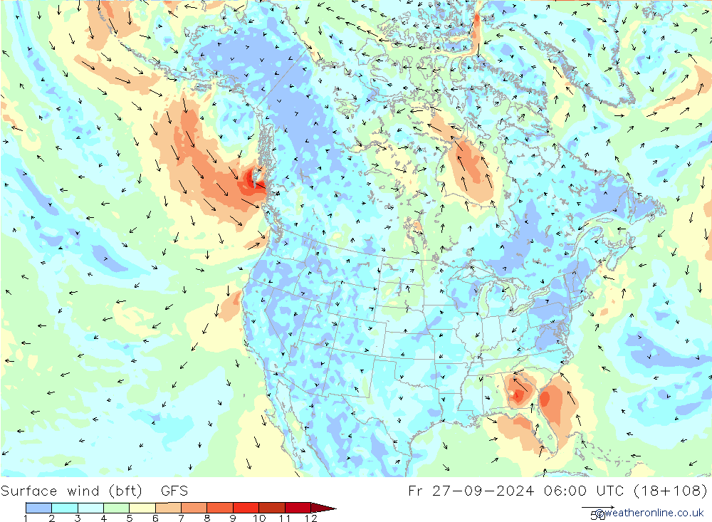 Vento 10 m (bft) GFS Sex 27.09.2024 06 UTC