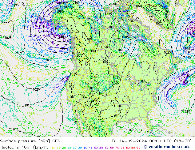 Eşrüzgar Hızları (km/sa) GFS Sa 24.09.2024 00 UTC