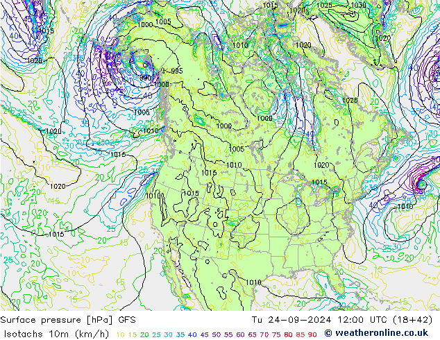 Isotachs (kph) GFS Tu 24.09.2024 12 UTC