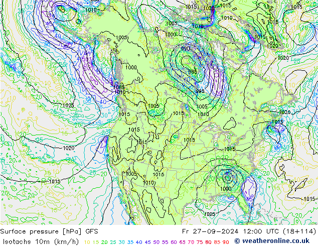 Isotachs (kph) GFS Fr 27.09.2024 12 UTC