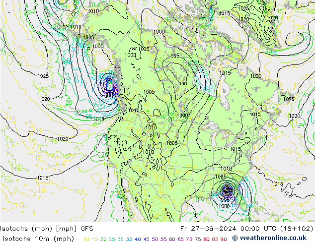 Isotachs (mph) GFS Pá 27.09.2024 00 UTC