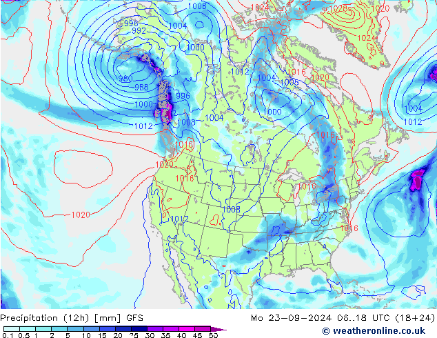 Precipitation (12h) GFS Mo 23.09.2024 18 UTC