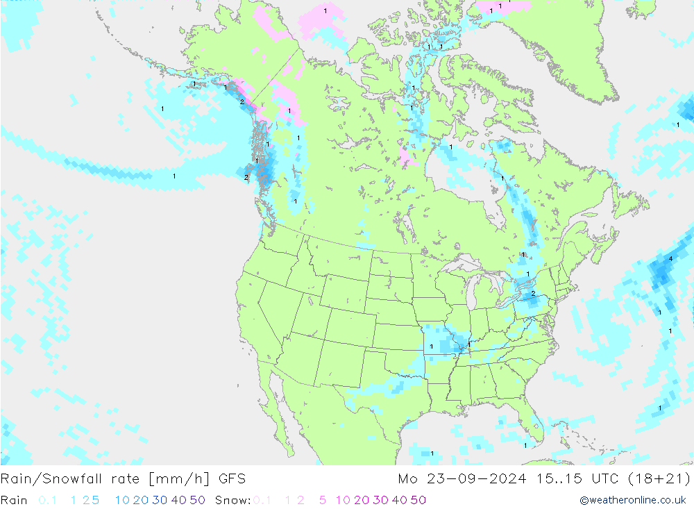 Rain/Snowfall rate GFS pon. 23.09.2024 15 UTC