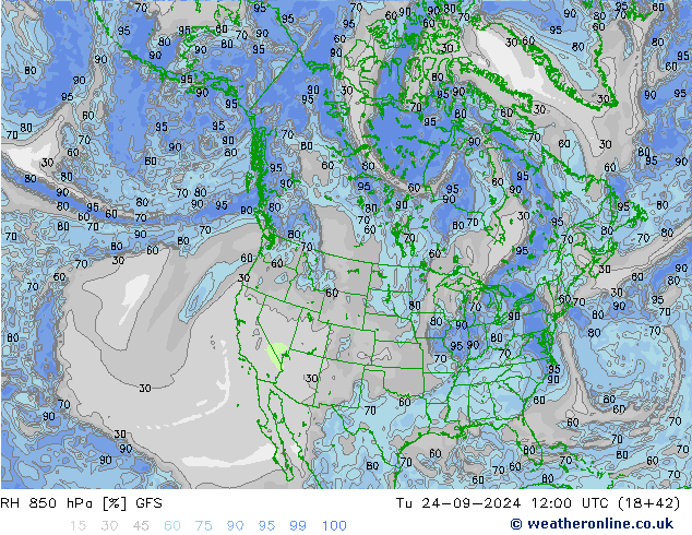 RH 850 гПа GFS вт 24.09.2024 12 UTC
