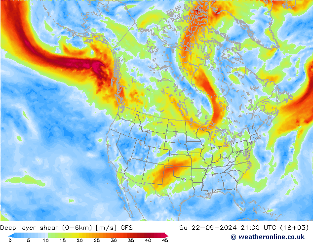 Deep layer shear (0-6km) GFS nie. 22.09.2024 21 UTC