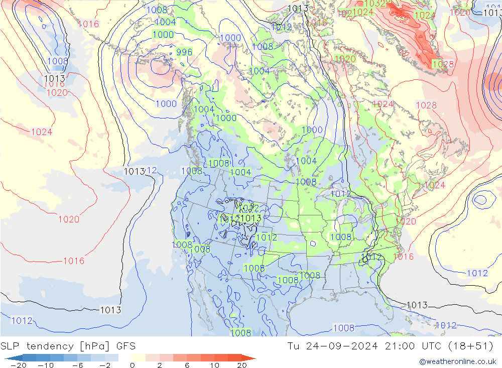 SLP tendency GFS Út 24.09.2024 21 UTC