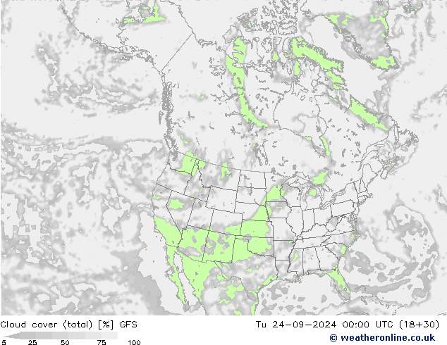 Cloud cover (total) GFS Út 24.09.2024 00 UTC