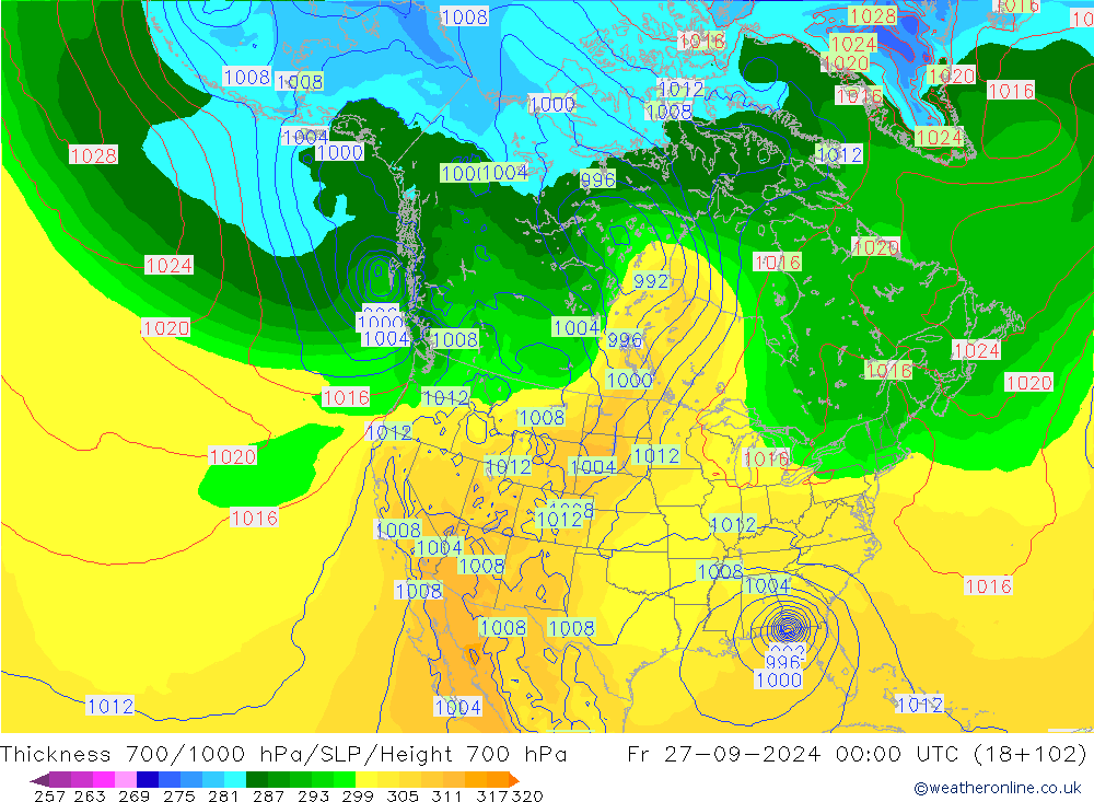 Thck 700-1000 hPa GFS ven 27.09.2024 00 UTC
