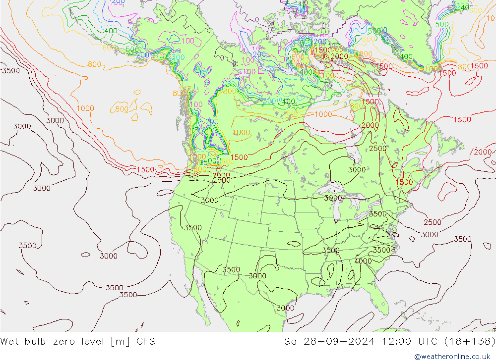 Wet bulb zero level GFS сб 28.09.2024 12 UTC