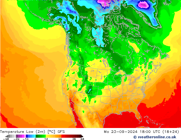 Nejnižší teplota (2m) GFS Po 23.09.2024 18 UTC