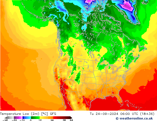 Temperature Low (2m) GFS Tu 24.09.2024 06 UTC