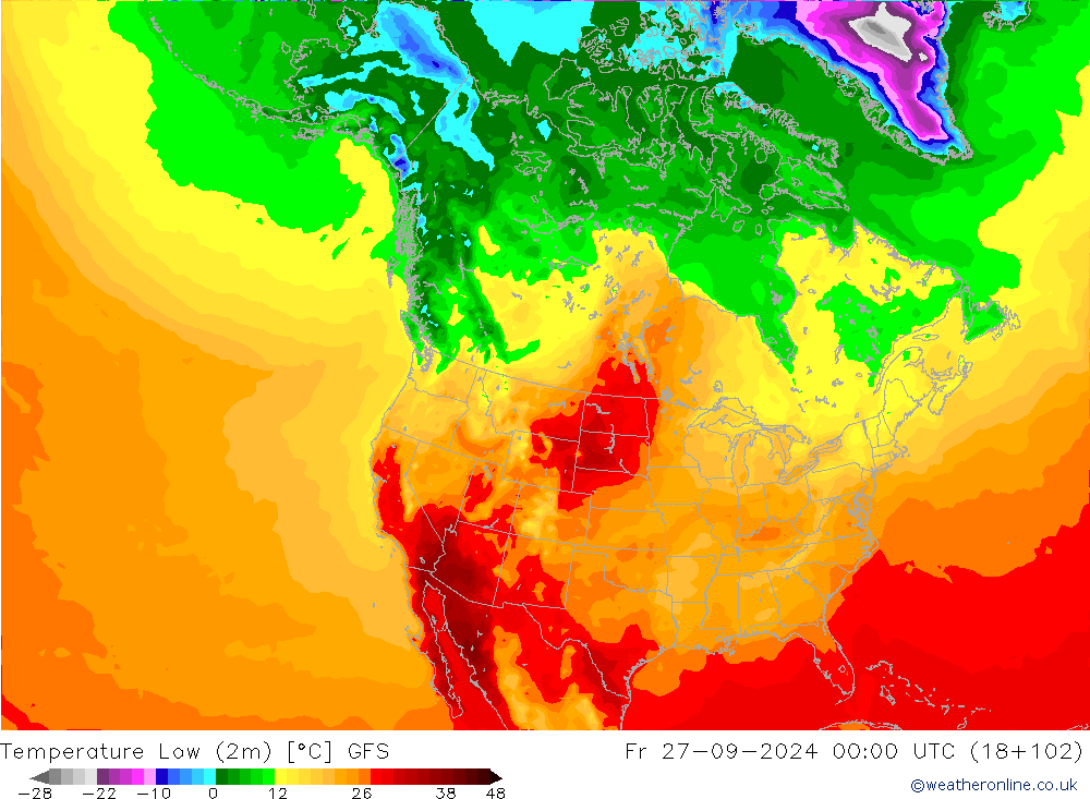 temperatura mín. (2m) GFS Sex 27.09.2024 00 UTC