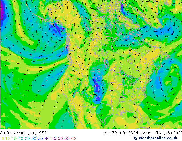 Viento 10 m GFS lun 30.09.2024 18 UTC