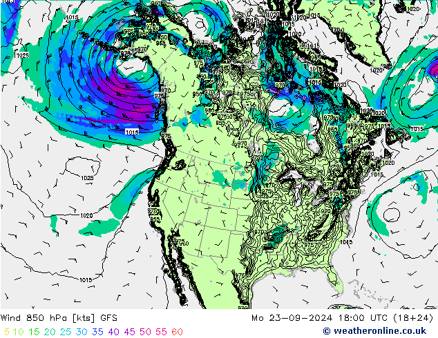 Viento 850 hPa GFS lun 23.09.2024 18 UTC