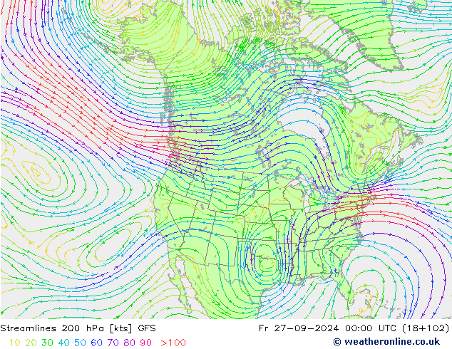 Ligne de courant 200 hPa GFS ven 27.09.2024 00 UTC