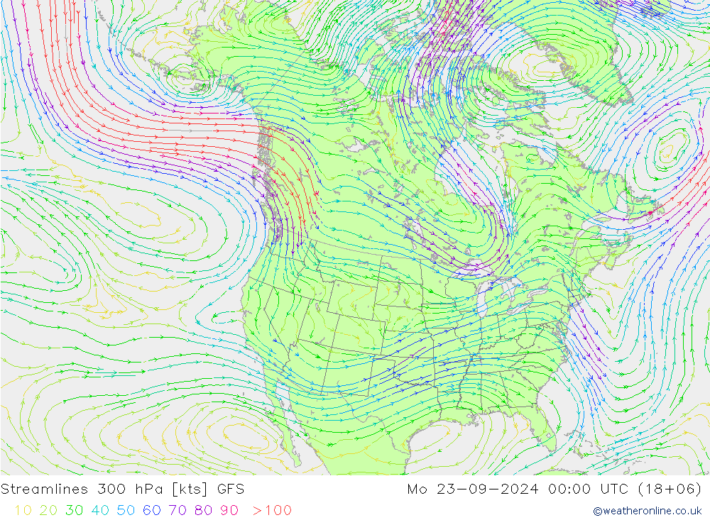 Stroomlijn 300 hPa GFS ma 23.09.2024 00 UTC