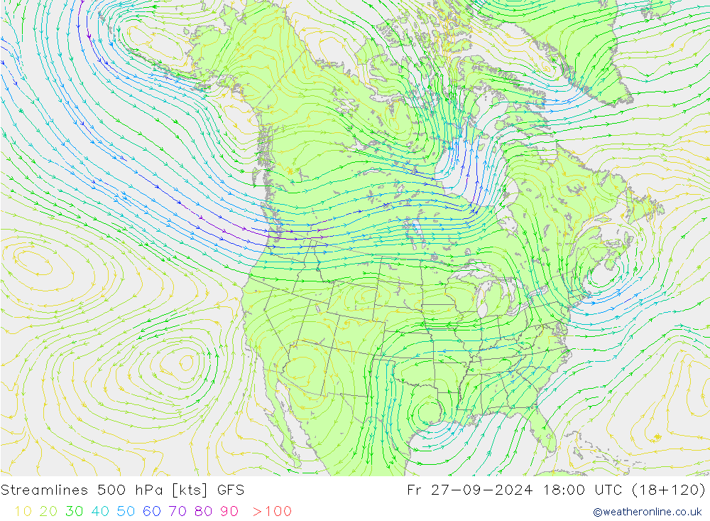 Streamlines 500 hPa GFS Fr 27.09.2024 18 UTC