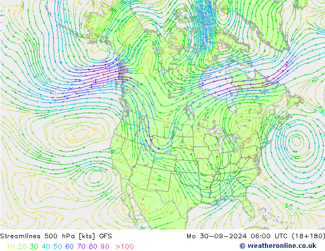 Linia prądu 500 hPa GFS pon. 30.09.2024 06 UTC