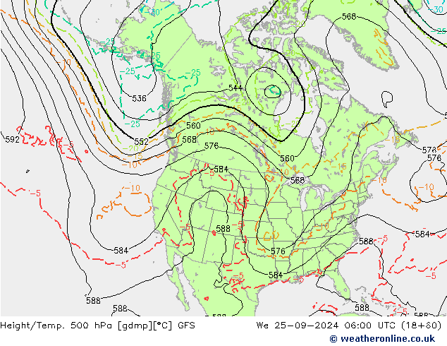 Z500/Rain (+SLP)/Z850 GFS Mi 25.09.2024 06 UTC