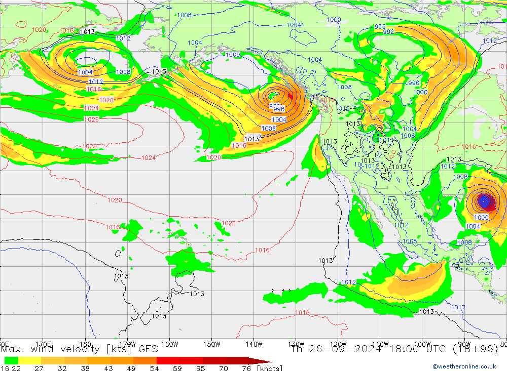 Max. wind velocity GFS gio 26.09.2024 18 UTC