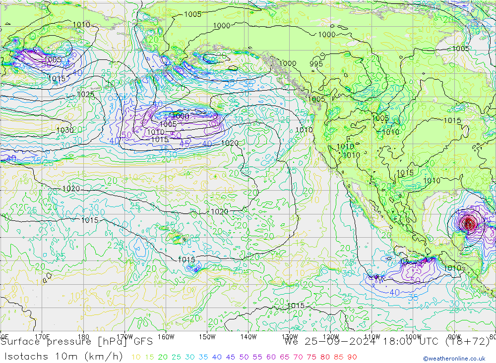 Isotachs (kph) GFS We 25.09.2024 18 UTC