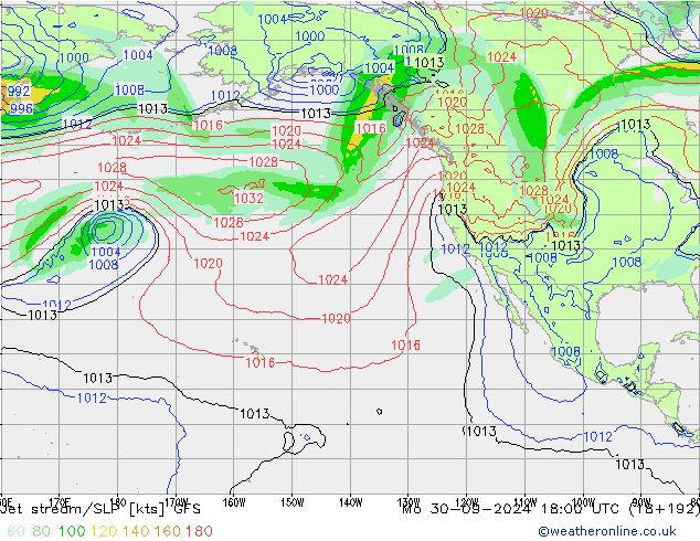 Jet stream/SLP GFS Mo 30.09.2024 18 UTC