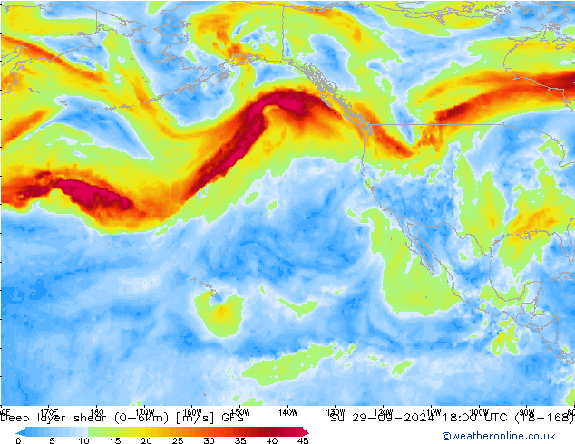 Deep layer shear (0-6km) GFS Su 29.09.2024 18 UTC