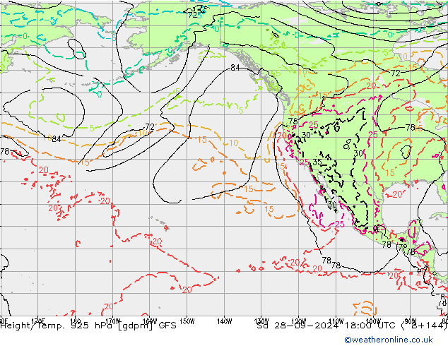 Height/Temp. 925 гПа GFS сб 28.09.2024 18 UTC