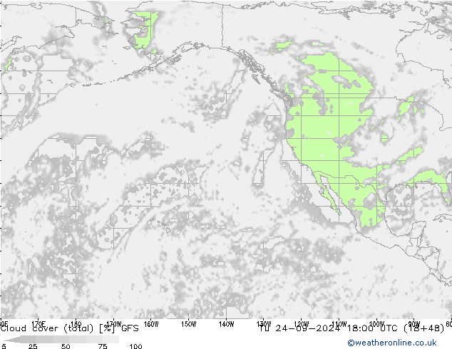 Cloud cover (total) GFS Tu 24.09.2024 18 UTC